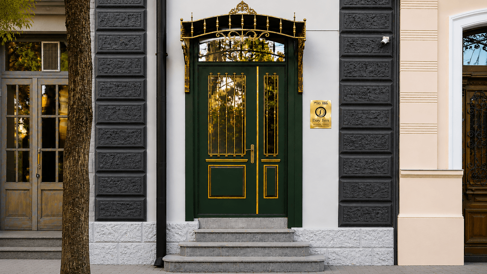 Day Inn Boutique Hotel entrance — restored green door with gilded ironwork on Leo Kiacheli Street in old Tbilisi